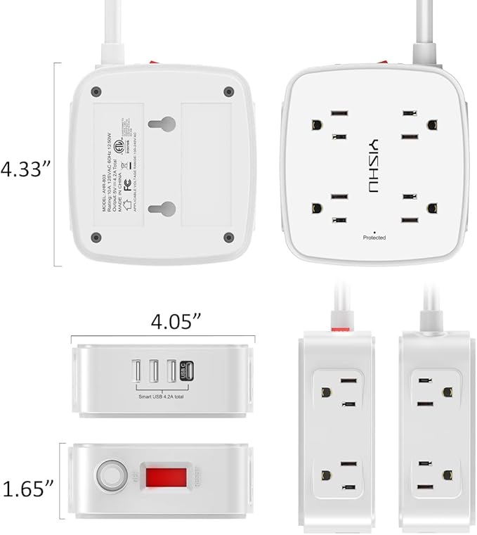 6 Ft Surge Protector Power Strip - 8 Widely Outlets with 4 USB Ports, 3 Side Outlet Extender with 6 Feet Extension Cord, Flat Plug, Wall Mount, Desk USB Charging Station, ETL,White