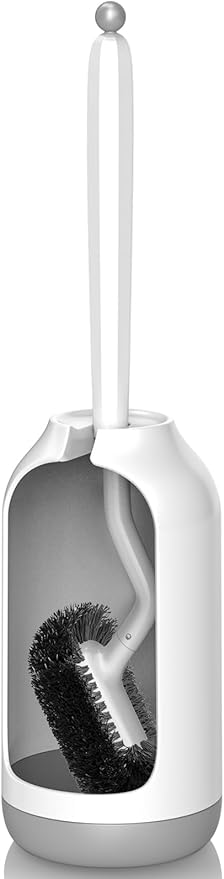 Toilet Bowl Brush Holder Set: Bathroom Deep Cleaning Toilet Cleaner Scrubber Under Rim with Curved Bristle for Dead Corner Clean - Hidden Rv Toilet Decorative Accessories with Caddy- White