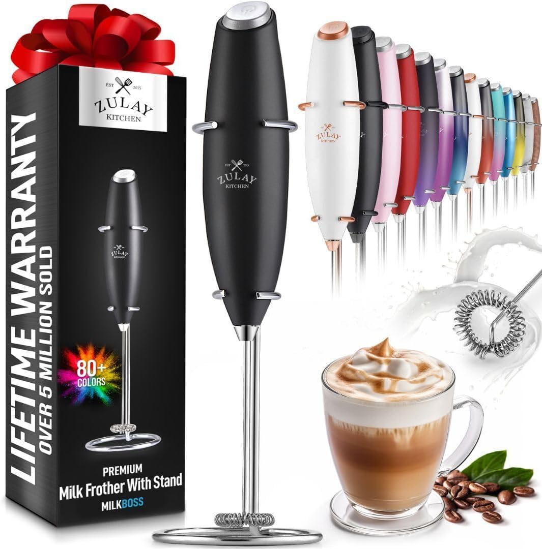Kitchen Powerful Milk Frother Wand - Ultra Fast Handheld Drink Mixer - Electric Whisk Foam Maker for Coffee, Lattes, Cappuccino, Frappe, Matcha, Hot Chocolate & Coffee Creamer - Milk Boss Black