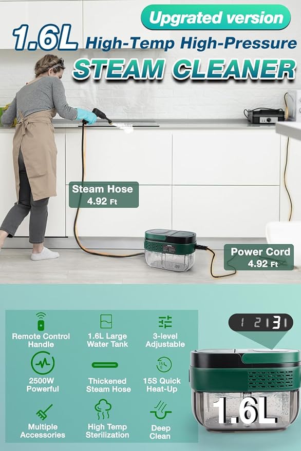 Handheld Steam Cleaner with Handle Control, 1.6L Large Water Tank, 3-Level Adjustable, Thickened Hose, Portable Steam Cleaner, High Temperature Pressurized Steamer for Home, Kitchen, Bathroom, Car