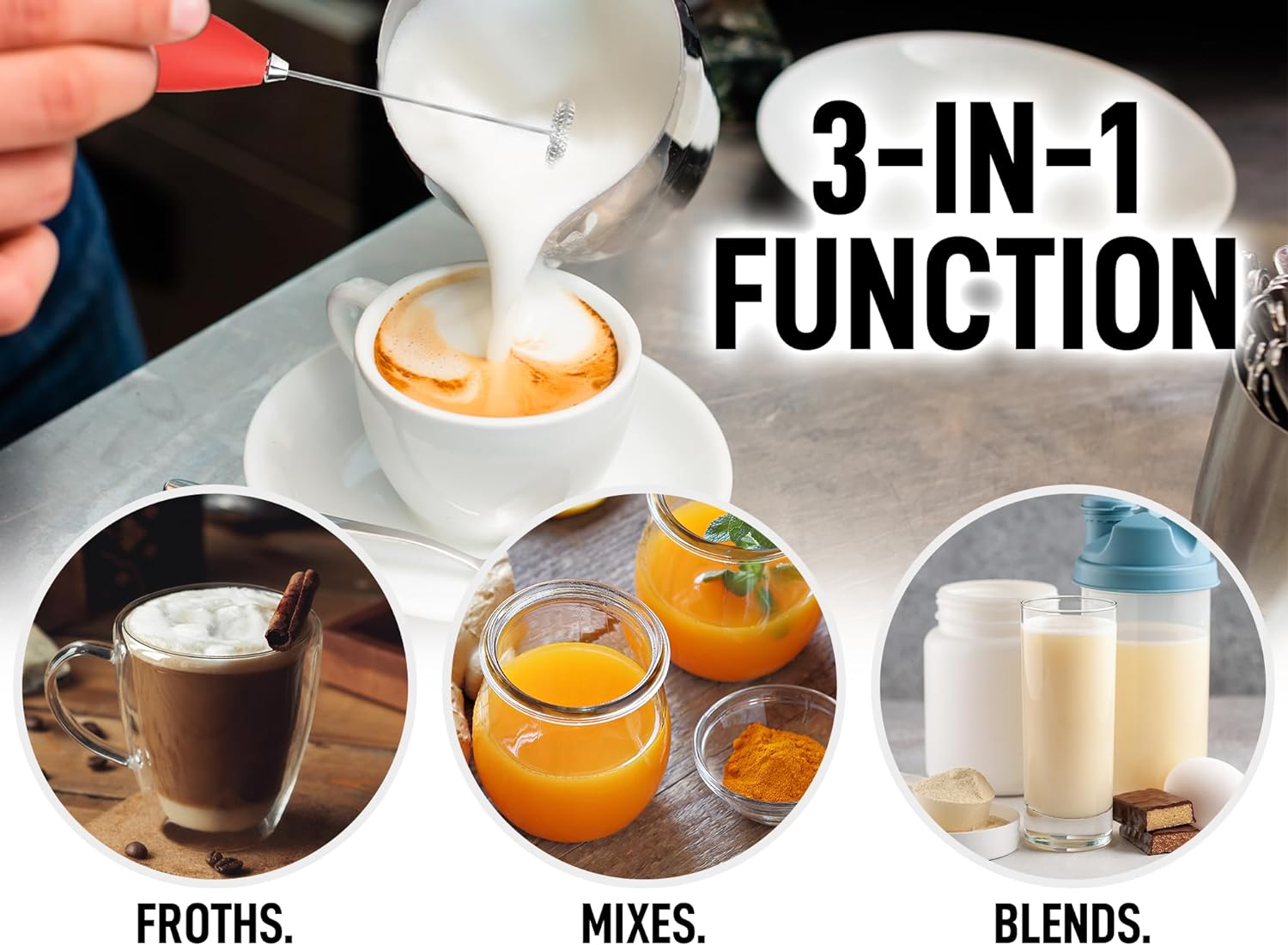Kitchen Powerful Milk Frother Wand - Ultra Fast Handheld Drink Mixer - Electric Whisk Foam Maker for Coffee, Lattes, Cappuccino, Frappe, Matcha, Hot Chocolate & Coffee Creamer - Milk Boss Black