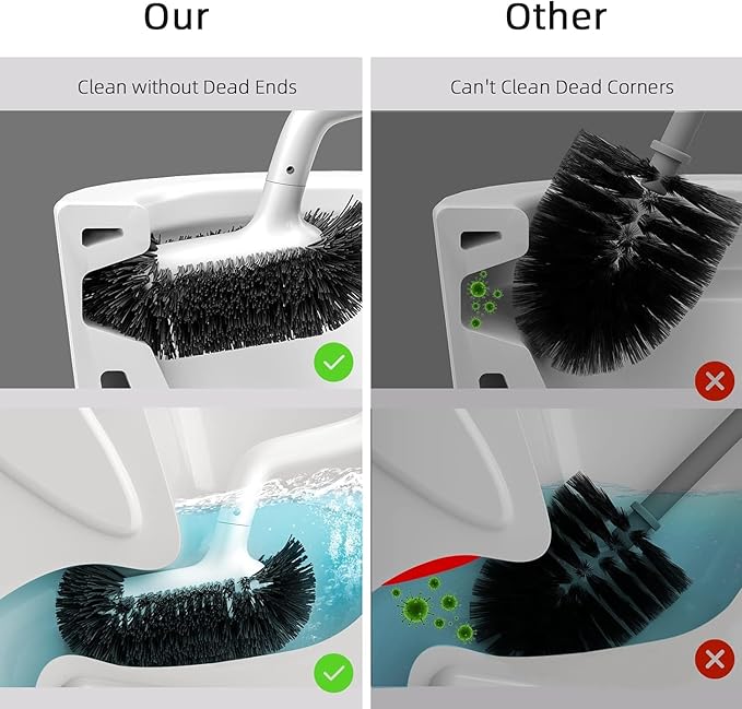 Toilet Bowl Brush Holder Set: Bathroom Deep Cleaning Toilet Cleaner Scrubber Under Rim with Curved Bristle for Dead Corner Clean - Hidden Rv Toilet Decorative Accessories with Caddy- White