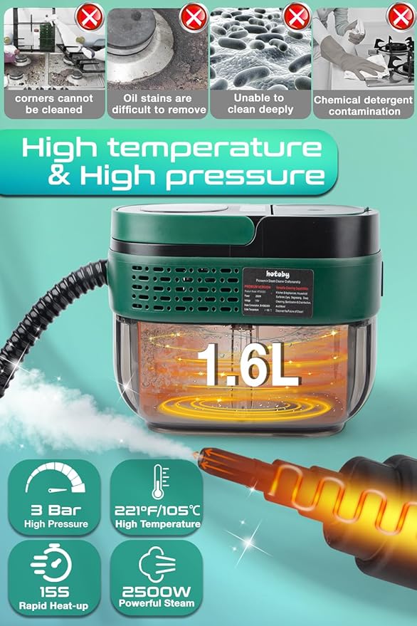 Handheld Steam Cleaner with Handle Control, 1.6L Large Water Tank, 3-Level Adjustable, Thickened Hose, Portable Steam Cleaner, High Temperature Pressurized Steamer for Home, Kitchen, Bathroom, Car