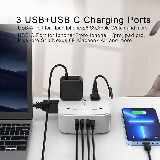 6 Ft Surge Protector Power Strip - 8 Widely Outlets with 4 USB Ports, 3 Side Outlet Extender with 6 Feet Extension Cord, Flat Plug, Wall Mount, Desk USB Charging Station, ETL,White