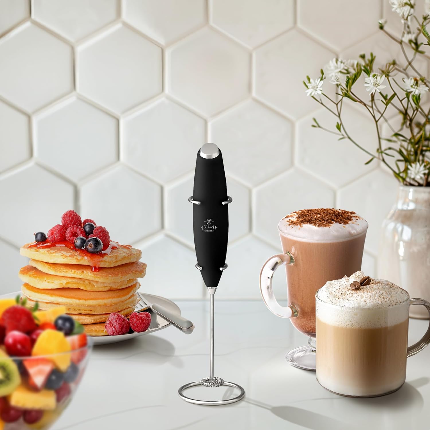 Kitchen Powerful Milk Frother Wand - Ultra Fast Handheld Drink Mixer - Electric Whisk Foam Maker for Coffee, Lattes, Cappuccino, Frappe, Matcha, Hot Chocolate & Coffee Creamer - Milk Boss Black
