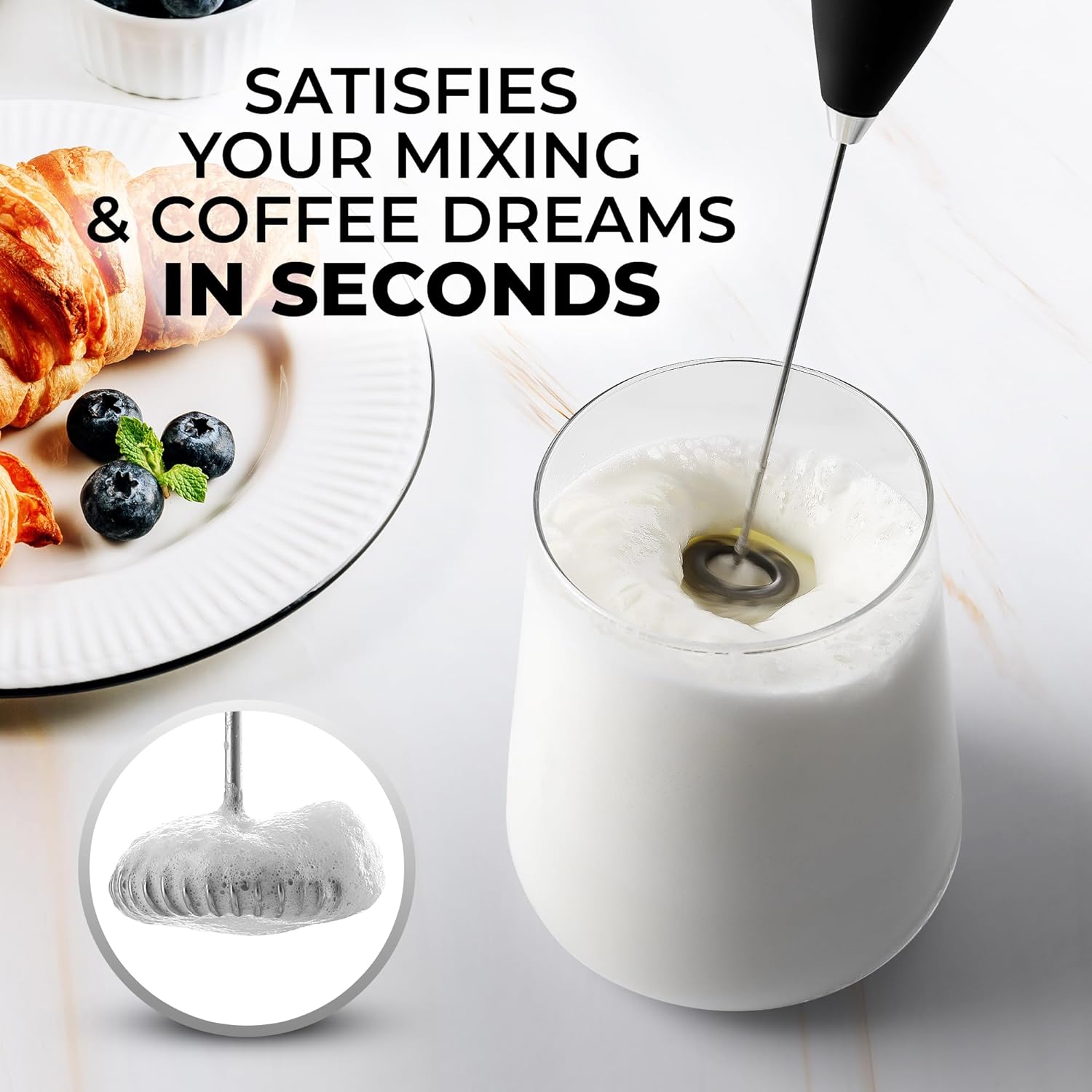 Kitchen Powerful Milk Frother Wand - Ultra Fast Handheld Drink Mixer - Electric Whisk Foam Maker for Coffee, Lattes, Cappuccino, Frappe, Matcha, Hot Chocolate & Coffee Creamer - Milk Boss Black